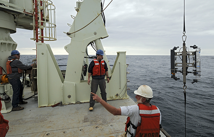 Deploying oceanographic equipment from the R/V Knorr
